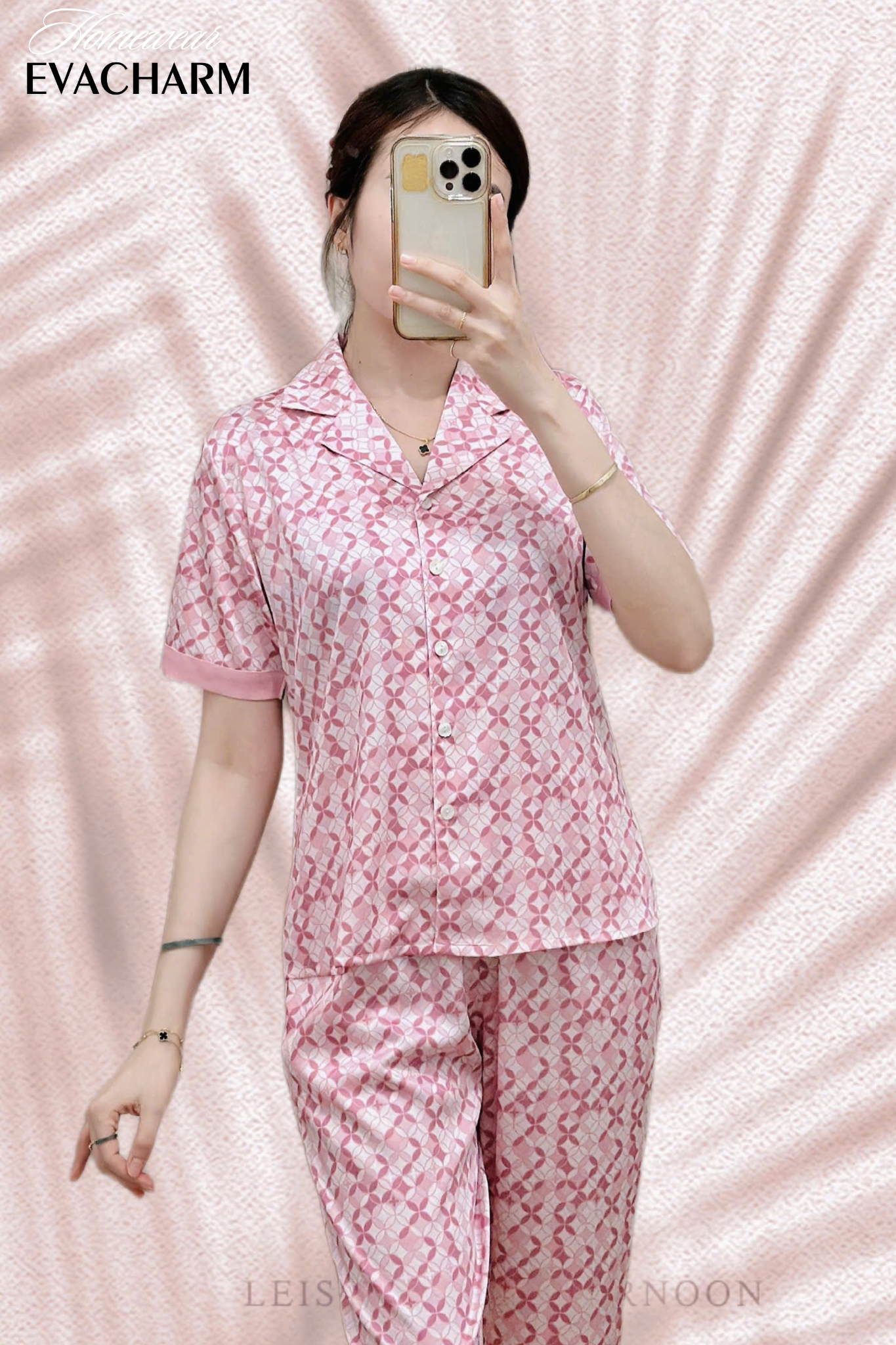  Bộ lụa Pháp Pyjama Hoạ Tiết (Hồng) 