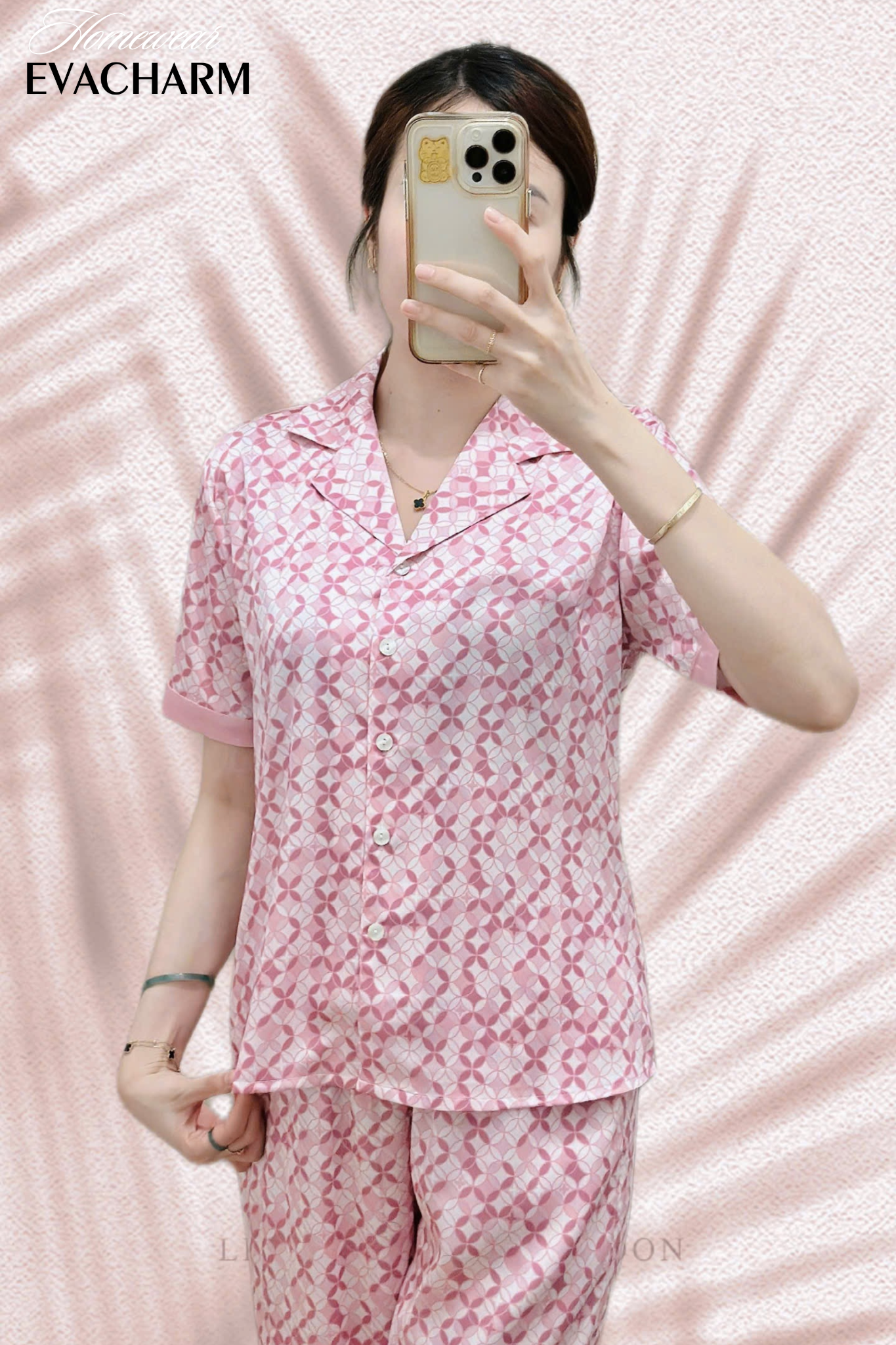  Bộ lụa Pháp Pyjama Hoạ Tiết (Hồng) 