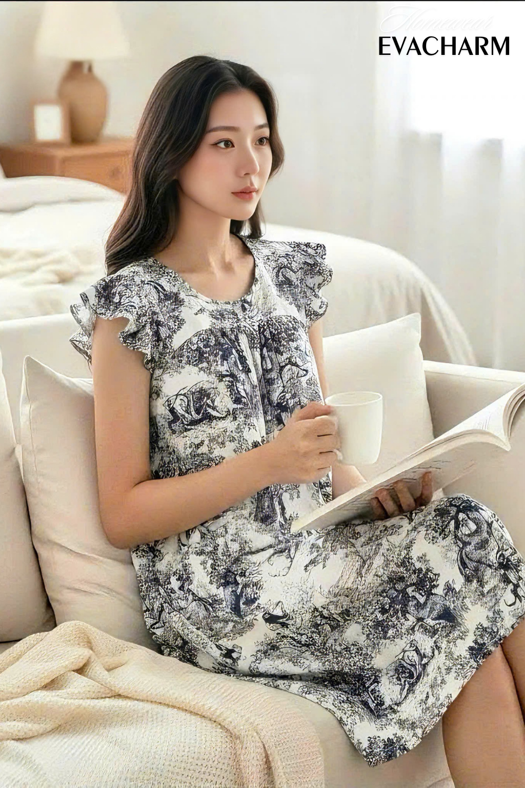  Váy ngủ lụa họa tiết tay cánh tiên 