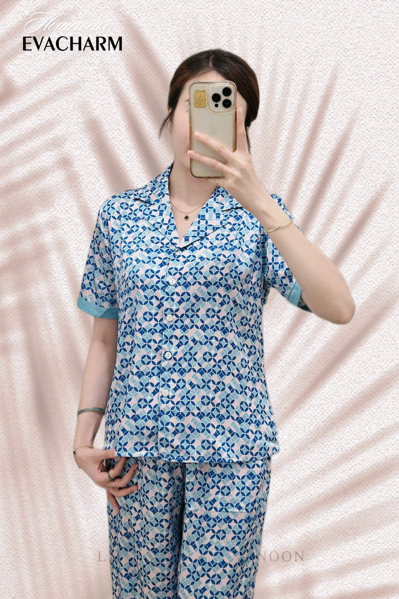  Bộ lụa Pháp Pyjama Hoạ Tiết (Xanh) 