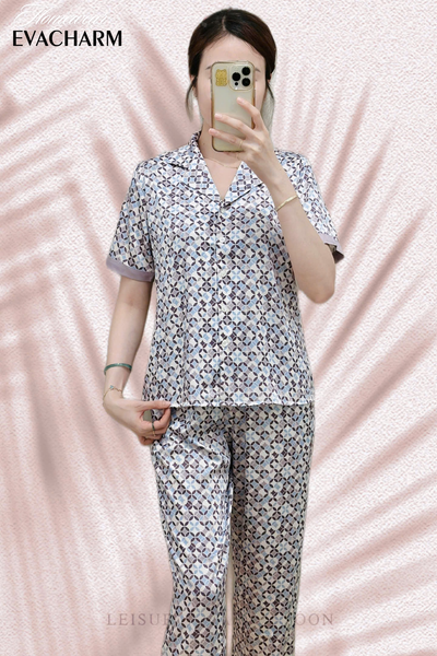  Bộ lụa Pháp Pyjama Hoạ Tiết (Tím nhạt) 