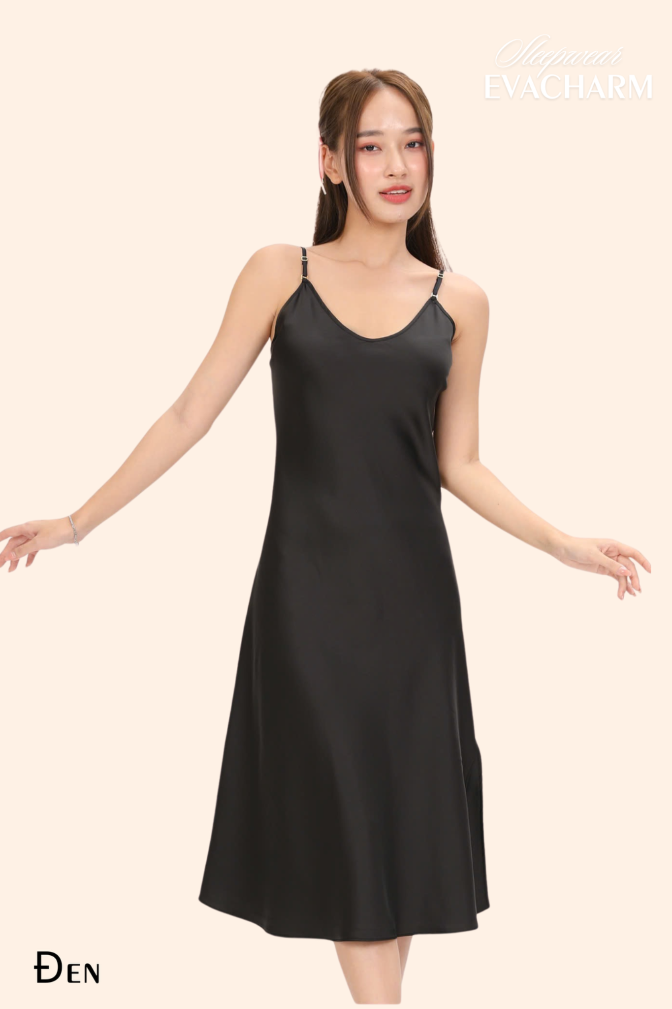  Váy ngủ lụa nhung cao cấp dáng dài Paltal màu đen 