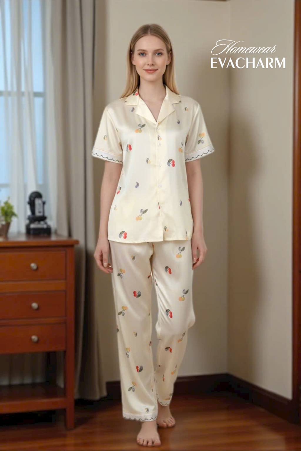  Bộ lụa Pháp cao cấp Pijama hoạ tiết màu vàng 