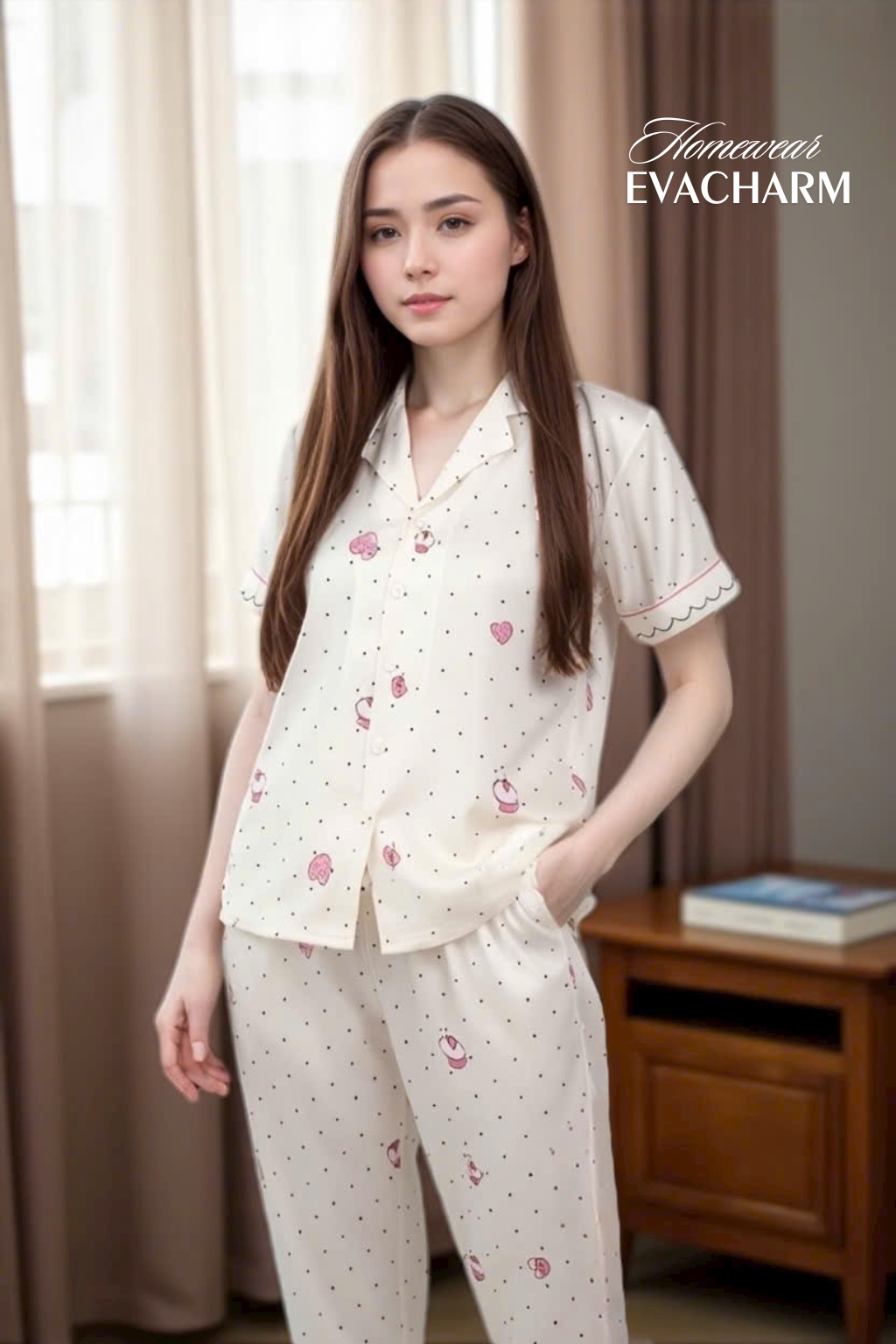  Bộ lụa Pháp cao cấp Pijama hoạ tiết trắng kem 