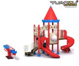 Sân chơi ngoài trời lâu đài đỏ mini 2 tầng, San choi ngoai troi lau dai do mini 2 tang
