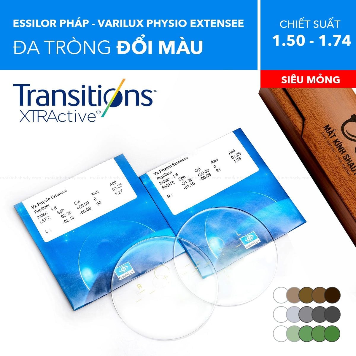  Tròng Kính Đa Tròng Đổi Màu Essilor Varilux Physio Extensee Transitions XTRActive 1.50/ 1.60/ 1.67 
