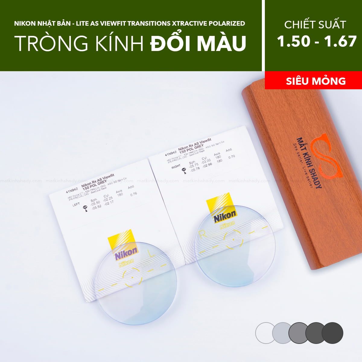  Tròng Kính Đổi Màu Nikon Lite AS Viewfit Transitions XTRActive Polarized 1.50/ 1.60/ 1.67 