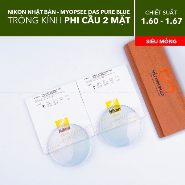 Tròng Kính Siêu Mỏng Ánh Sáng Xanh Phi Cầu 2 Mặt Nikon Myopsee DAS - Pure Blue UV 1.60/ 1.67