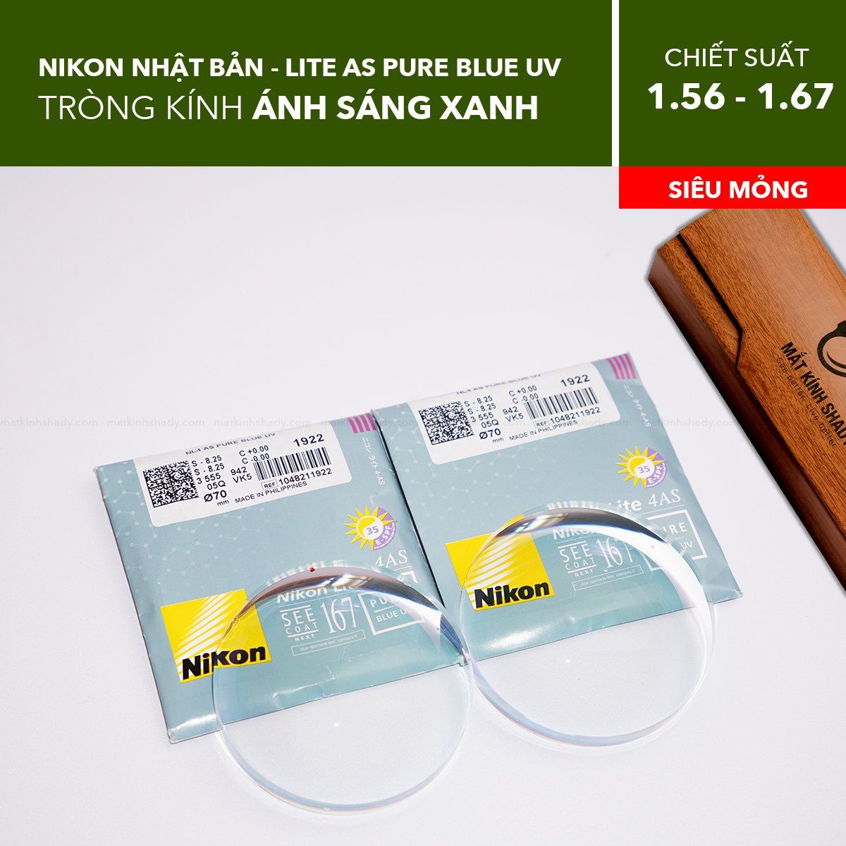  Tròng Kính Mỏng Chống Ánh Sáng Xanh Nikon Lite AS Pure Blue UV 1.56/ 1.60 / 1.67 