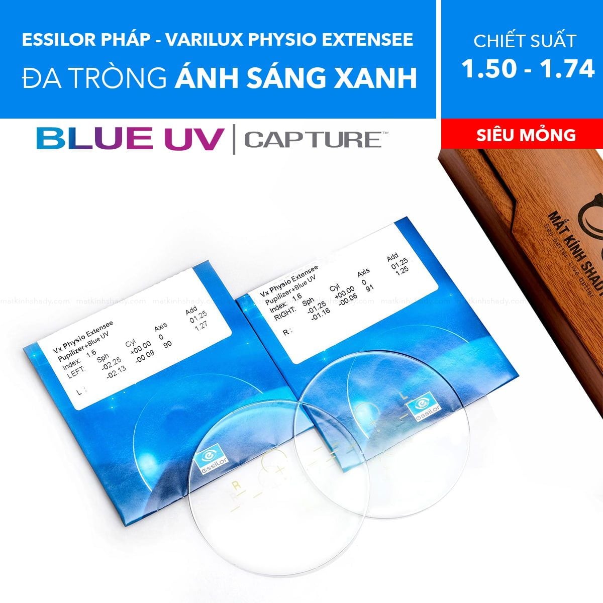  Tròng Kính Đa Tròng Chống Ánh Sáng Xanh Essilor Varilux Physio Extensee Blue UV Capture 1.50/ 1.59/ 1.60/ 1.67/ 1.74 