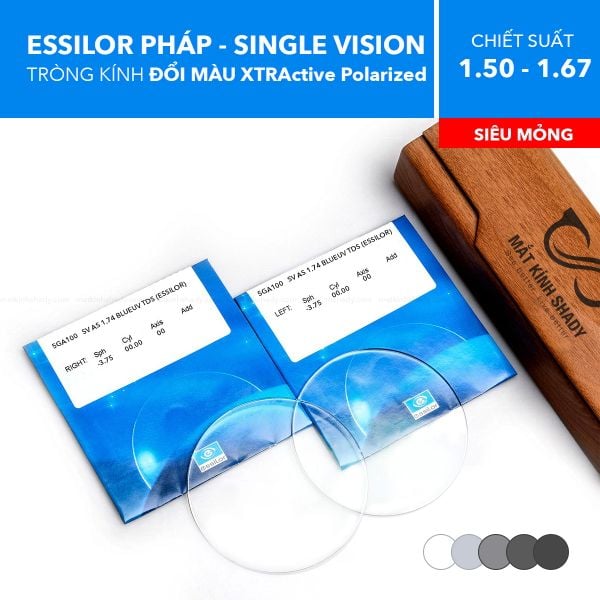 Tròng Kính Kỹ Thuật Số Single Vision Đổi Màu Transitions XTRActive Polarized Crizal Rock SV360 Essilor