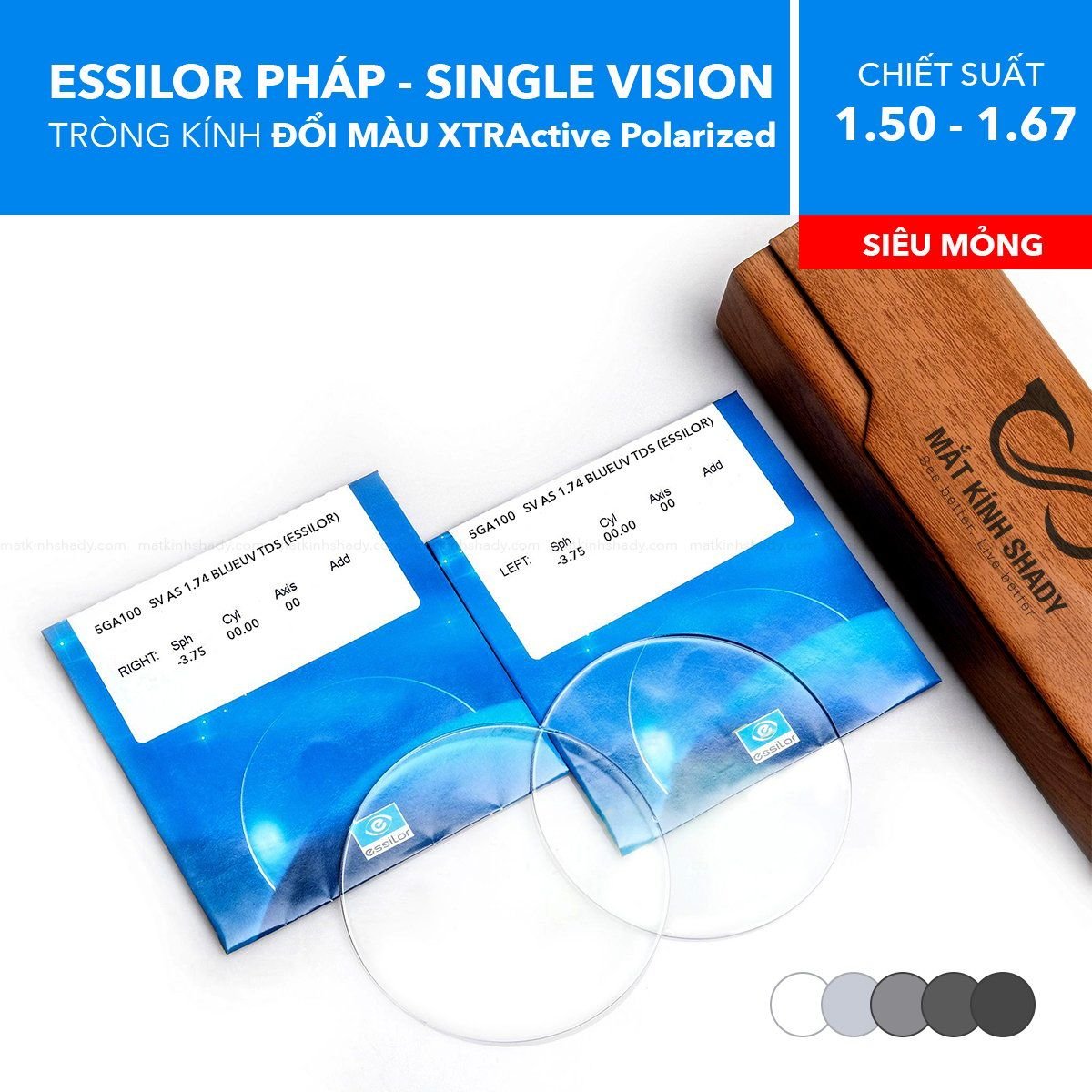  Tròng Kính Kỹ Thuật Số Single Vision Đổi Màu Transitions XTRActive Polarized Crizal Rock SV360 Essilor 