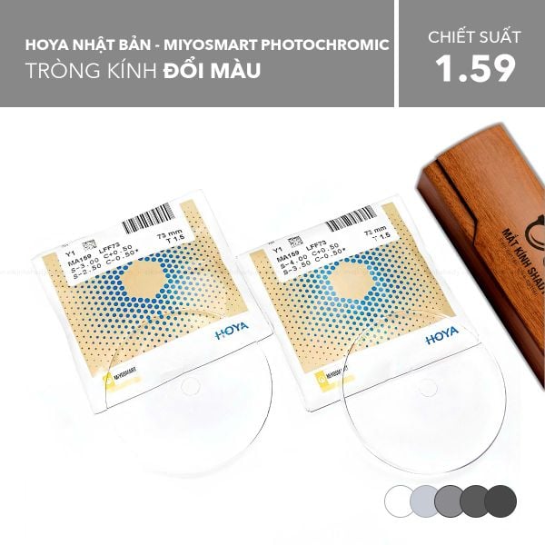 Tròng Kính Đổi Màu Kiểm Soát Tiến Triển Cận Thị Trẻ Em Hoya Miyosmart Chameleon Photochromic 1.59