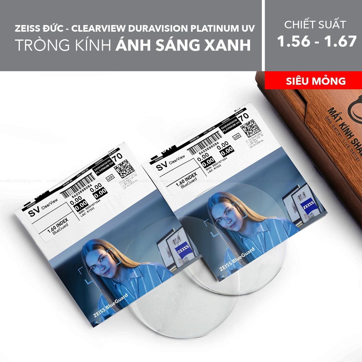  Tròng Kính Ánh Sáng Xanh Zeiss ClearView DuraVision Platinum UV 