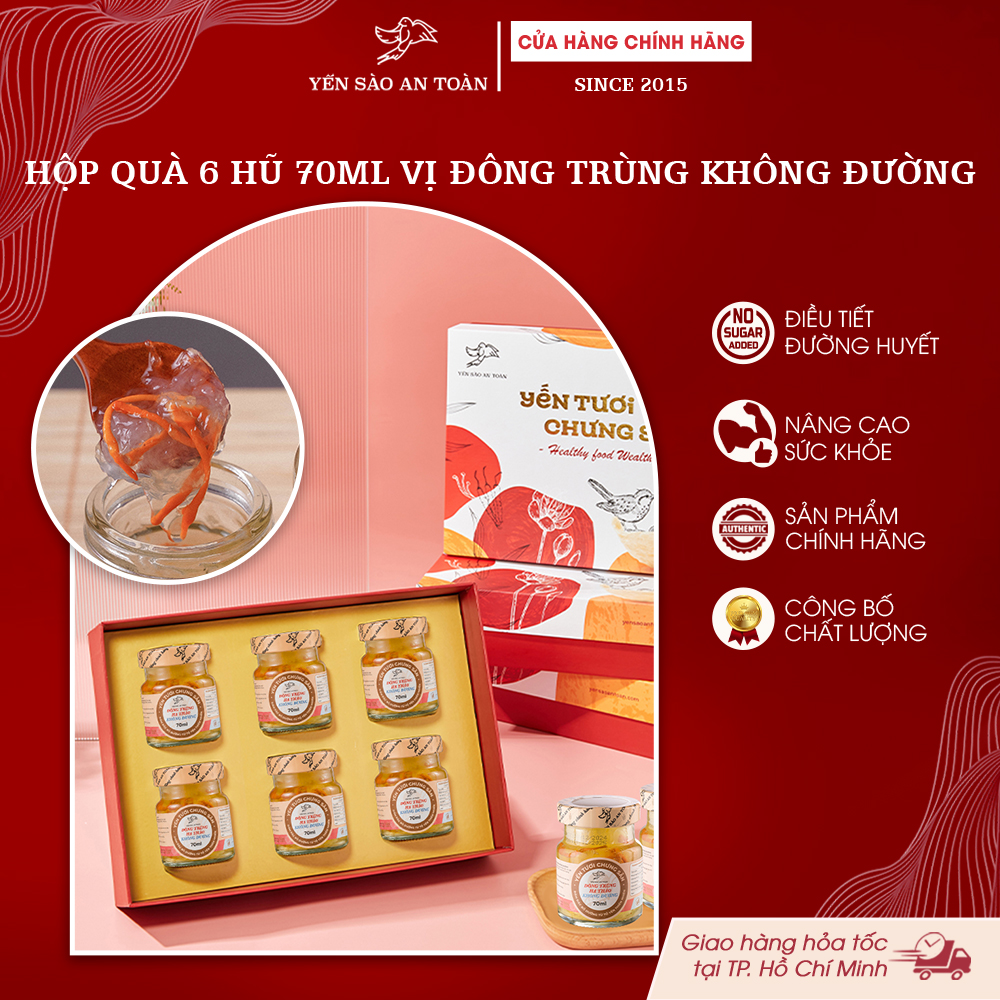 2026 - Hộp quà 6 lọ yến 70ml VỊ ĐÔNG TRÙNG HẠ THẢO KHÔNG ĐƯỜNG