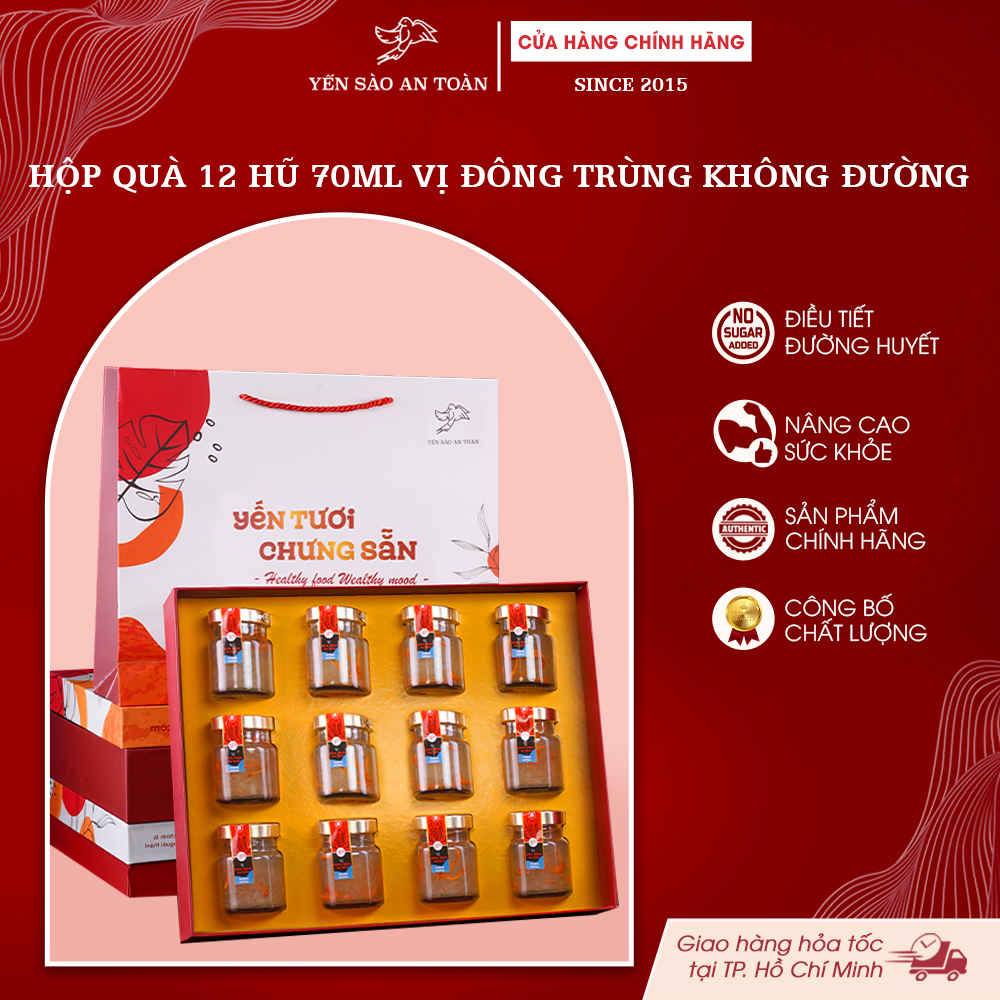 2026 - Hộp quà 12 lọ yến 70ml vị Đông Trùng Hạ Thảo Không Đường