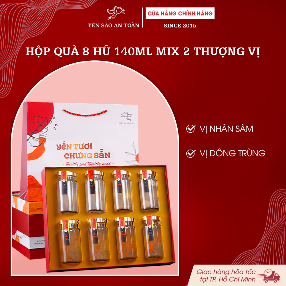 2026 - Hộp quà 8 lọ Yến 140ml THƯỢNG VỊ, MIX 2 VỊ CAO CẤP ĐÔNG TRÙNG HẠ THẢO VÀ NHÂN SÂM