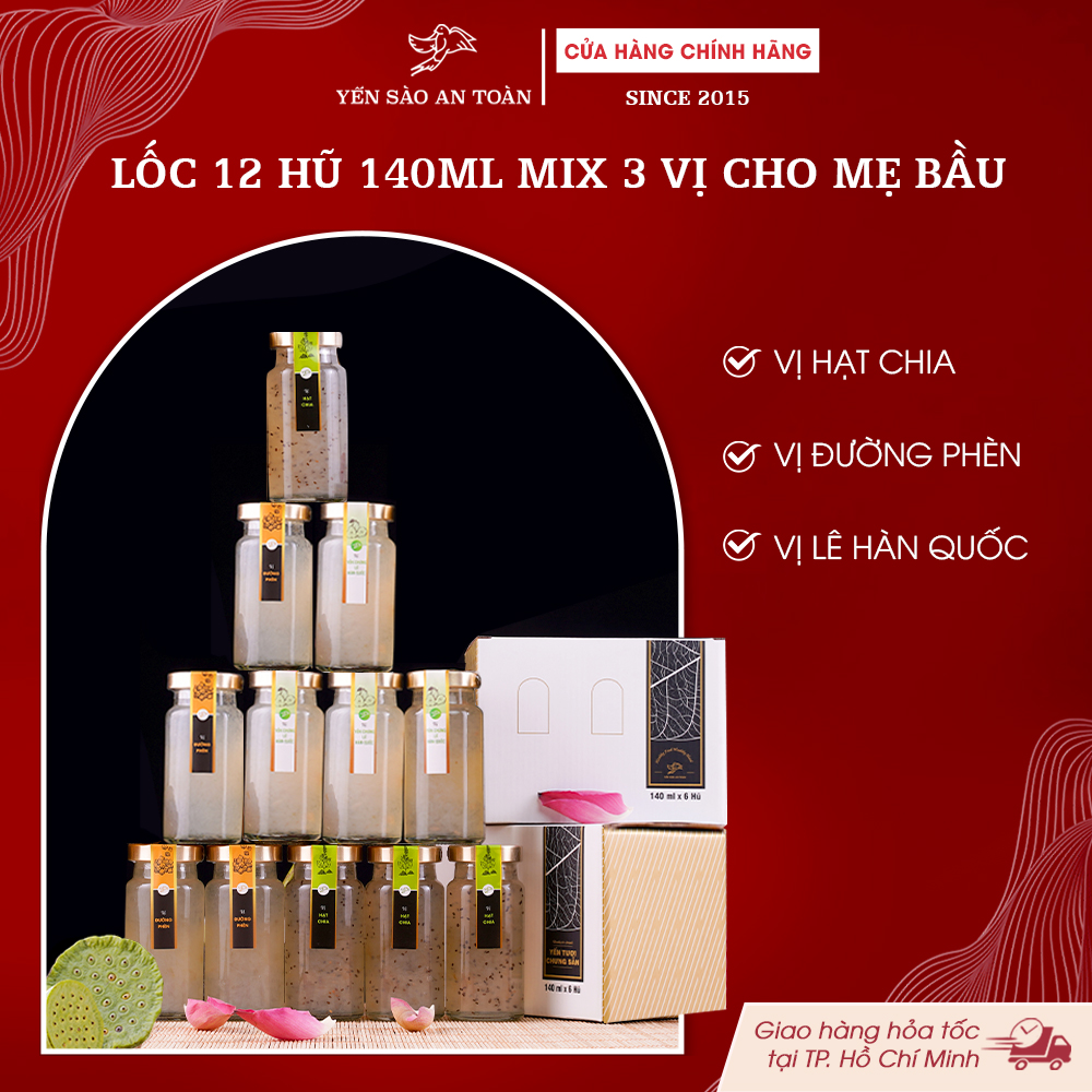 2026 - Lốc thanh lịch 12 lọ yến 140ml MIX 3 VỊ CHO BẦU