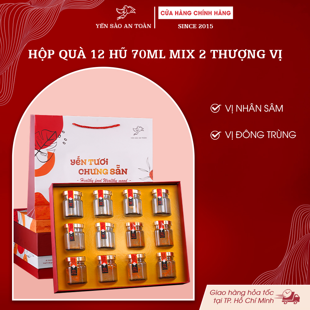 2026 - Hộp quà 12 lọ yến 70ml Thượng Vị, Mix 2 vị cao cấp Nhân Sâm và Đông Trùng Hạ Thảo