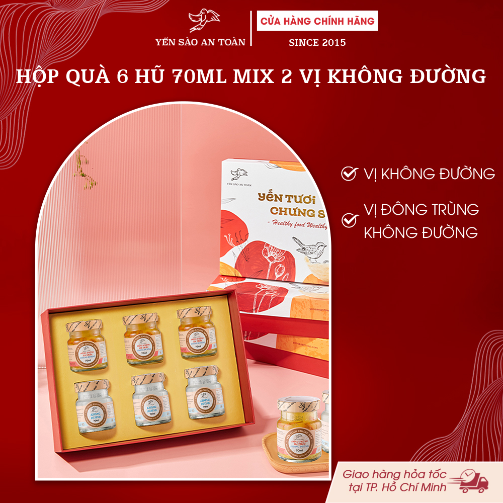 2026 - Hộp quà 6 lọ yến 70ml MIX 2 VỊ HOÀN TOÀN KHÔNG ĐƯỜNG KHÔNG NGỌT
