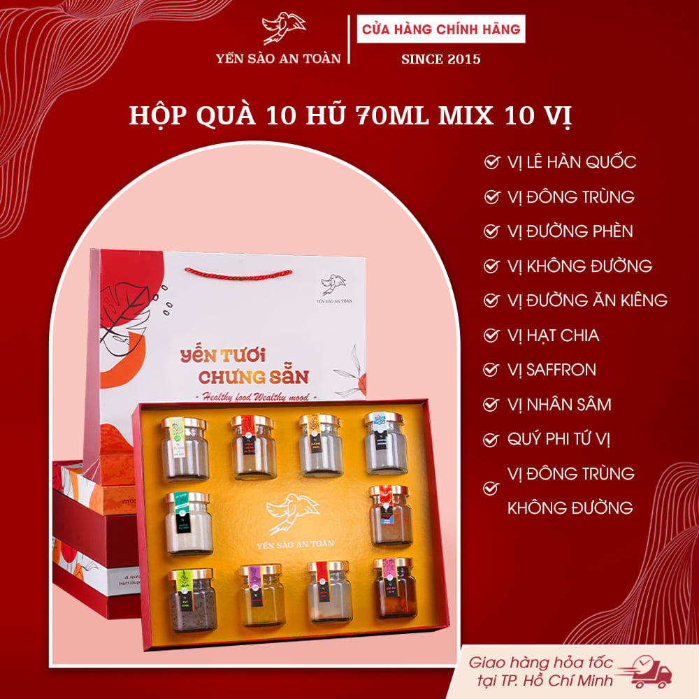 2026 - Hộp quà 10 lọ yến 70ml Đong Đầy, Yến chưng mix 10 vị