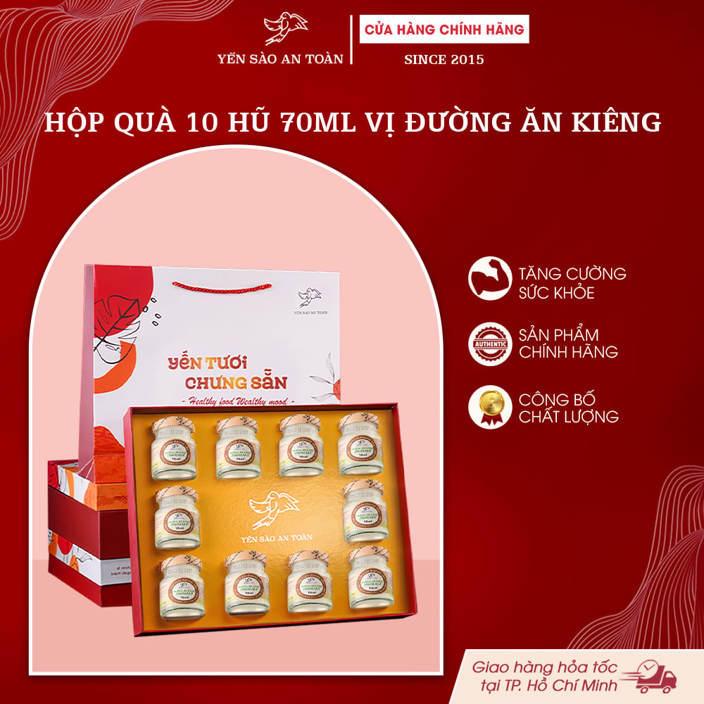 2026 - Hộp quà 10 lọ yến 70ml vị TRUYỀN THỐNG ĐƯỜNG ĂN KIÊNG