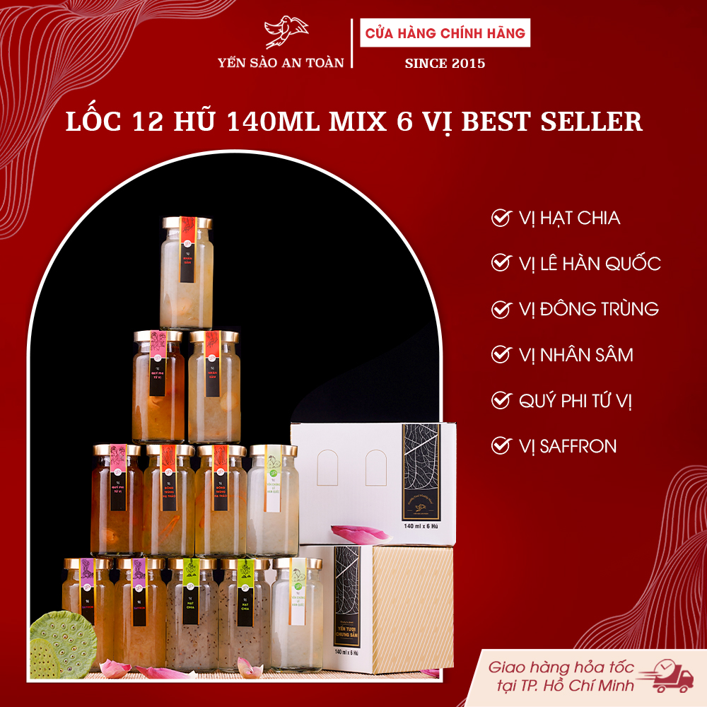 2026 - Lốc thanh lịch 12 lọ yến 140ml BESTSELLER, mix 6 vị bán chạy
