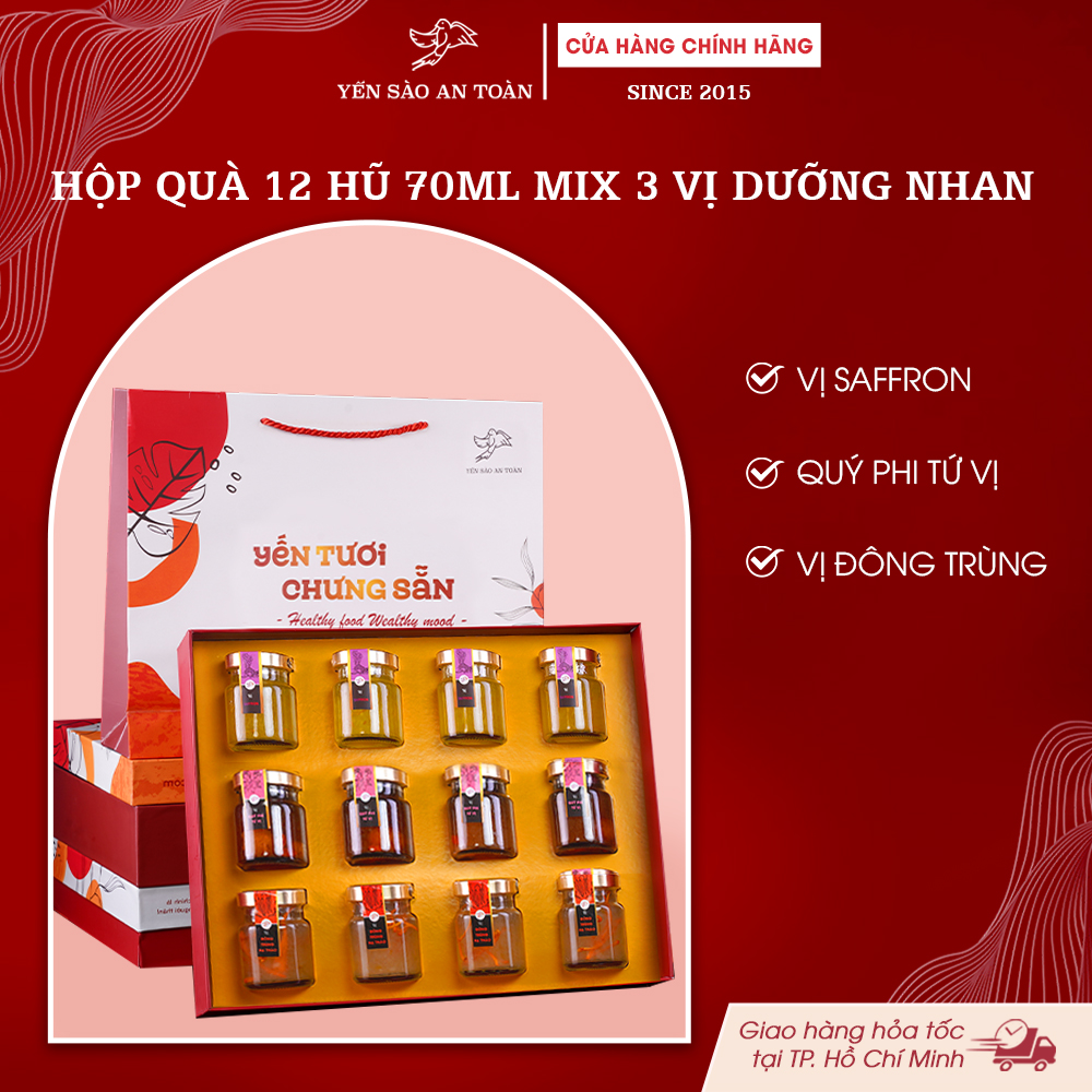 2026 - Hộp quà 12 lọ yến 70ml dành cho Phái Đẹp Dưỡng Nha, Mix 3 vị cao cấp Tứ vị Quý Phi, Nhụy Hoa Nghệ Tây và Đông Trùng Hạ Thảo