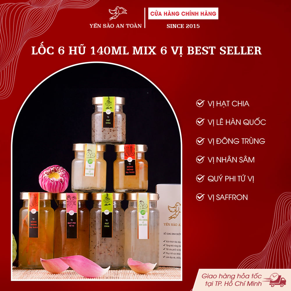 2026 - Hộp thanh lịch 6 lọ Yến 140ml BESTSELLER, MIX 6 YÊU THÍCH, TỨ VỊ QUÝ PHI + HẠT CHIA + LÊ HÀN QUỐC + NHÂN SÂM + NHỤY HOA NGHỆ TÂY + ĐÔNG TRÙNG HẠ THẢO