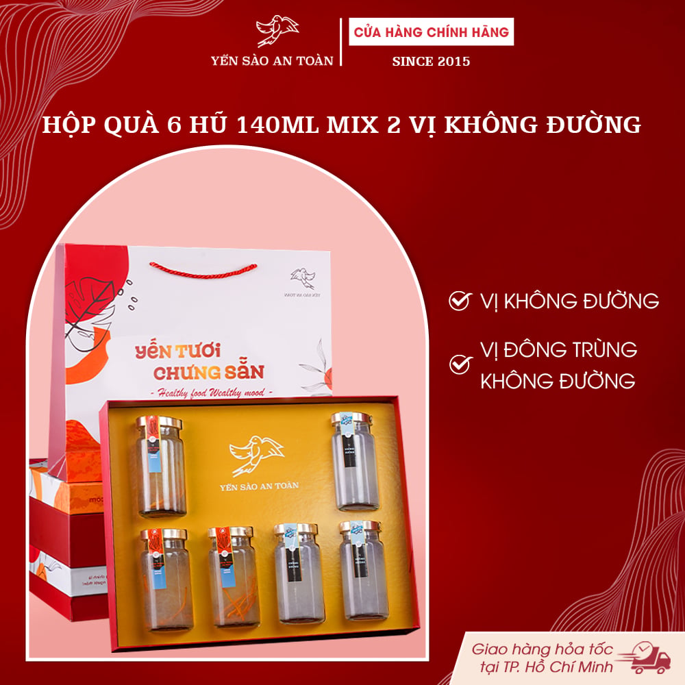 2026 - Hộp quà 6 lọ Yến 140ml Mix 2 vị Không Đường