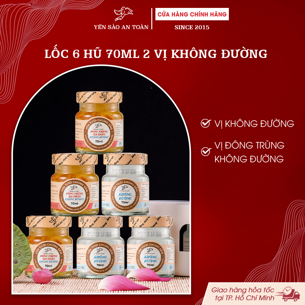 2026 - Lốc 6 lọ yến 70ml MIX 2 VỊ HOÀN TOÀN KHÔNG ĐƯỜNG