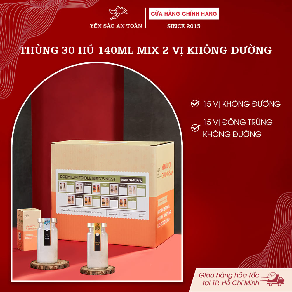 2026 - Thùng 30 lọ yến 140ml Mix 2 vị không đường
