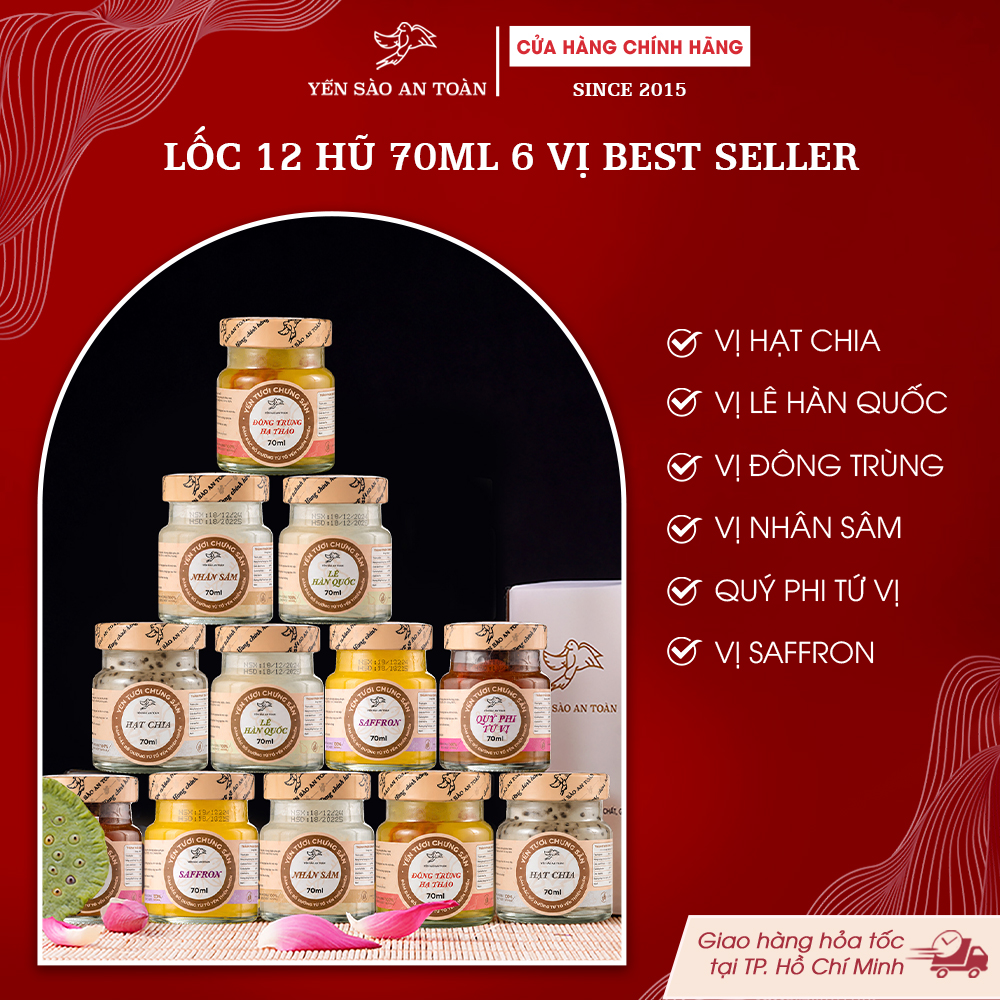 2026 - Lốc thanh lịch 12 lọ yến 70ml BESTSELLER, mix 6 vị bán chạy