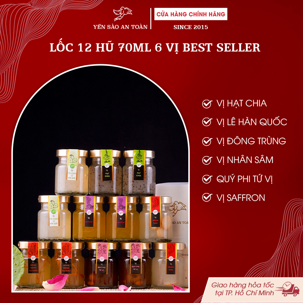 2026 - Lốc thanh lịch 12 lọ yến 70ml Đong Đầy, Yến chưng mix 10 vị