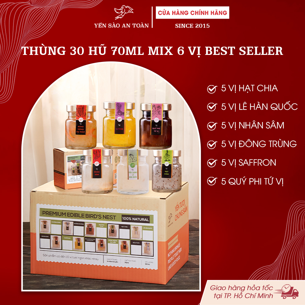 2026 - Thùng 30 Lọ Yến 70ml Bestseller, yến chưng 6 vị yêu thích