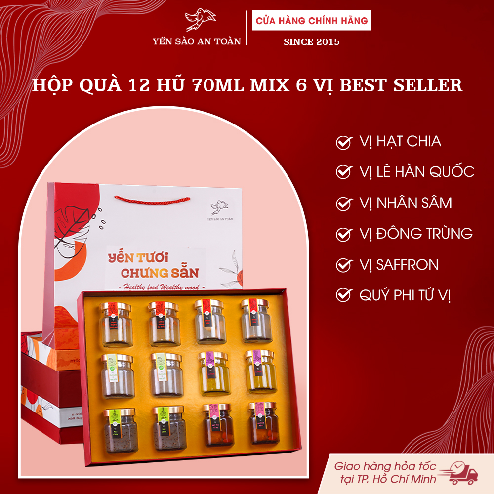 2026 - Hộp quà 12 lọ yến 70ml Bestseller, Mix 6 vị Hạt Chia + Tứ Vị Quý Phi + Lê Hàn Quốc + Nhân Sâm + Nhụy Hoa Nghệ Tây + Đông Trùng Hạ Thảo