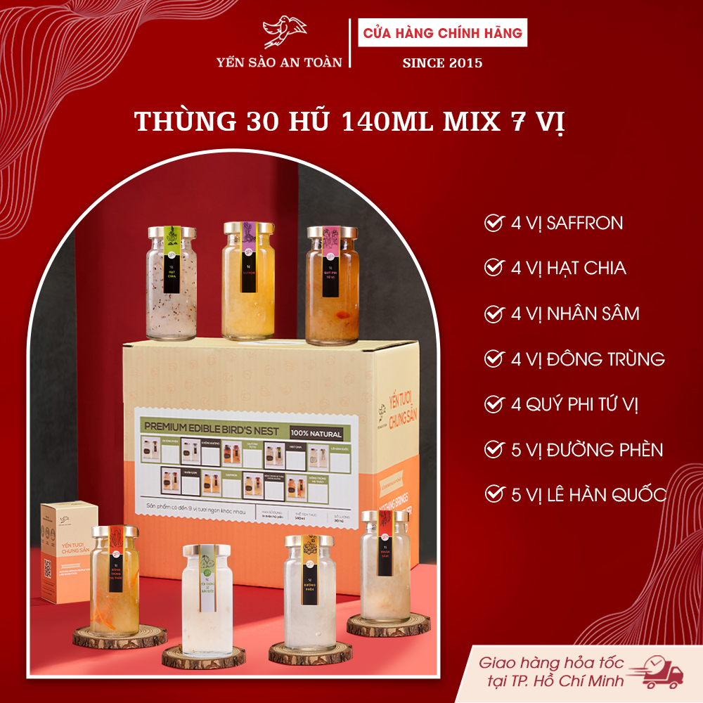 2026 - Thùng 30 lọ yến 140ml Mix 7 vị tươi ngon bổ dưỡng, Đường Phèn + Chia + Tứ Vị + Saffron + Nhân Sâm + Lê Hàn Quốc + Đông Trùng