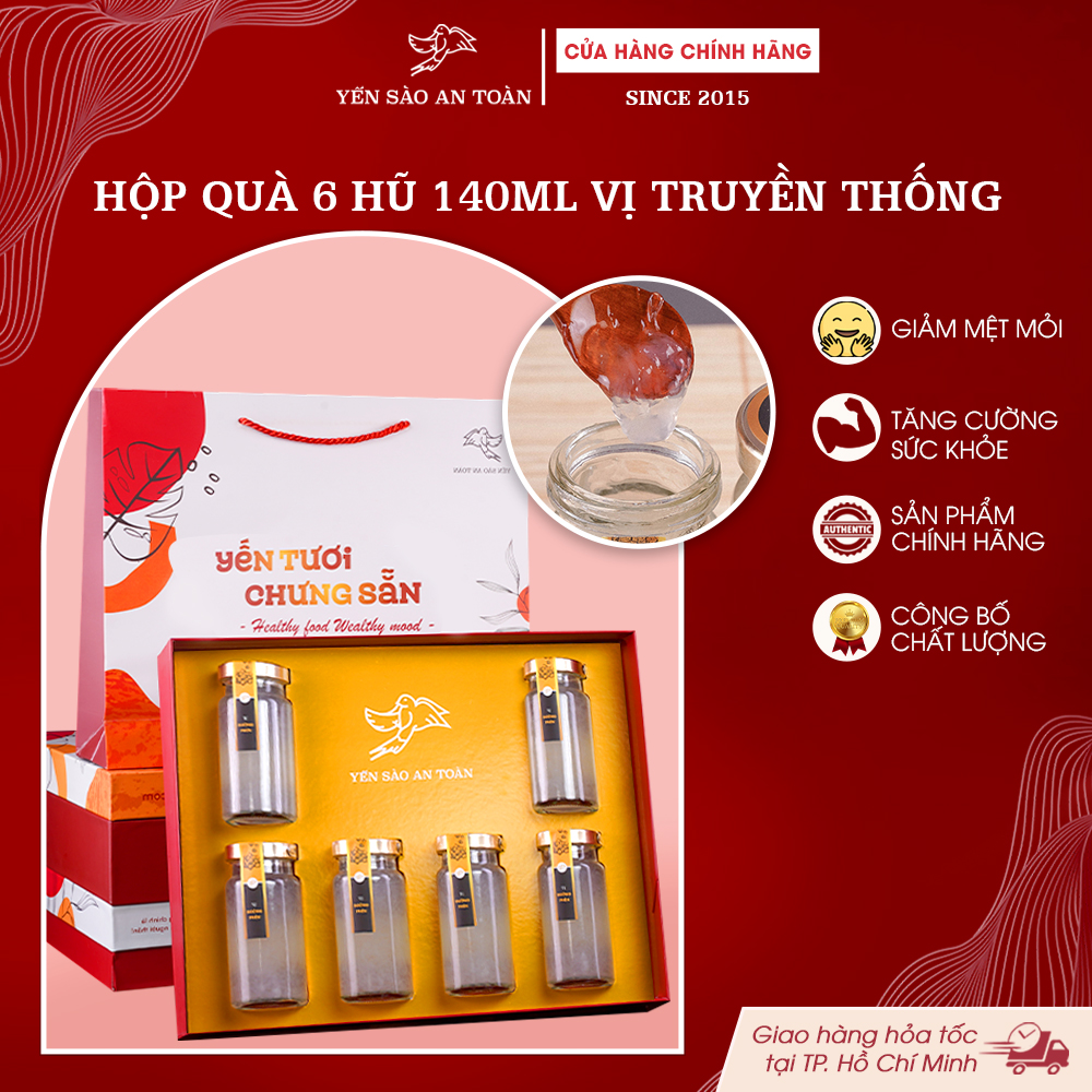 2026 - Hộp quà 6 lọ Yến 140ml vị truyền thống, Yến chưng đường phèn