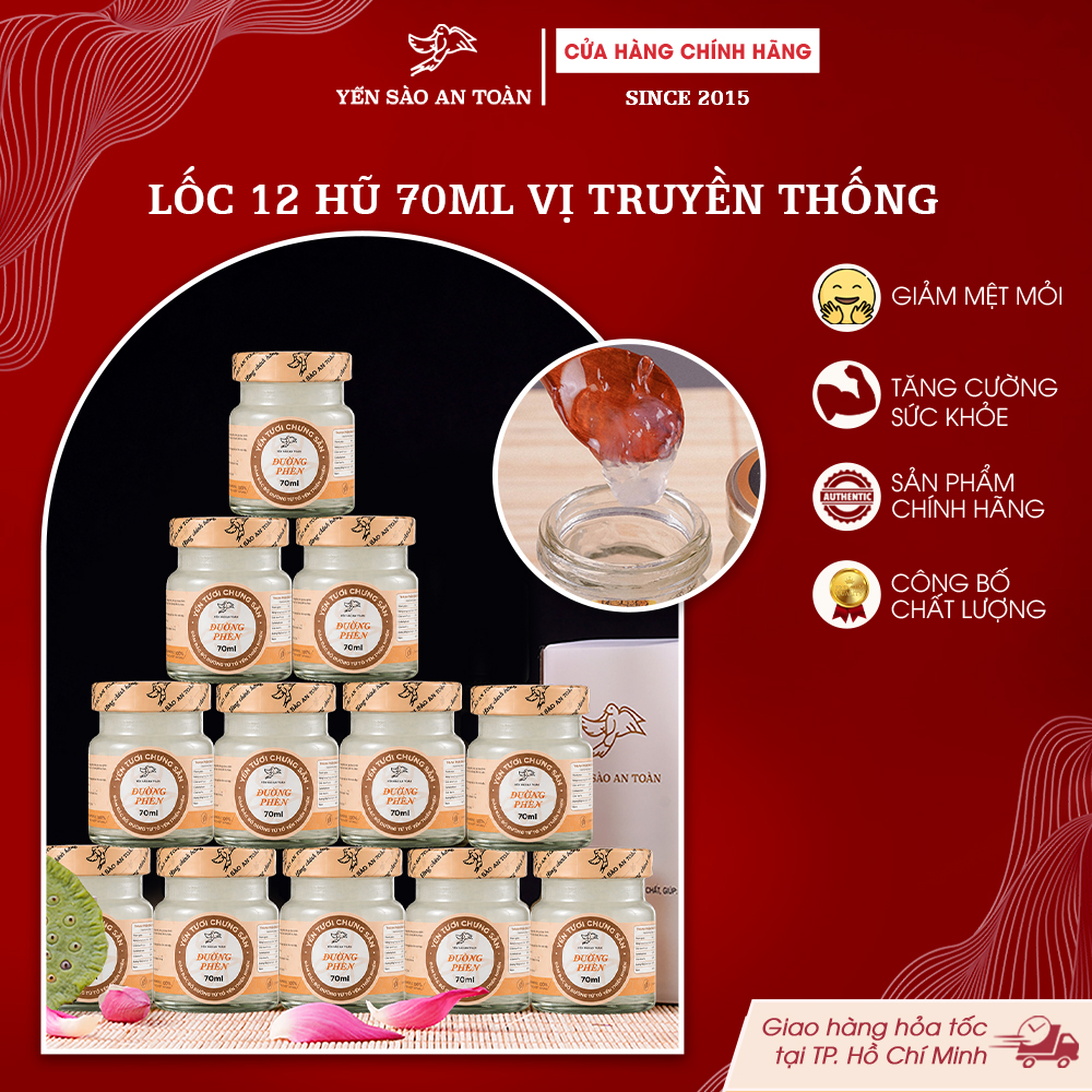 2026 - Lốc thanh lịch 12 lọ yến 70ml TRUYỀN THỐNG, VỊ ĐƯỜNG PHÈN