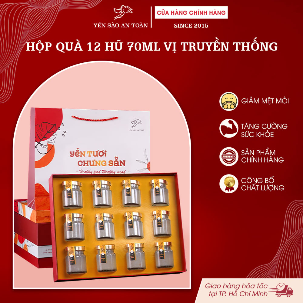 2026 - Hộp quà 12 lọ yến 70ml Truyền Thống, vị Đường Phèn