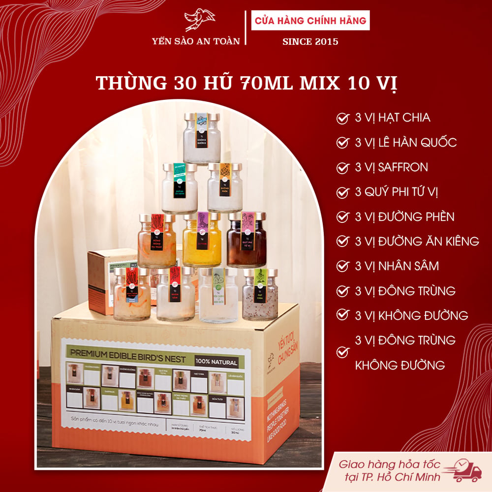 2026 - Thùng 30 Lọ Yến 70ml Đủ Đầy, Yến chưng 10 vị bỗ dưỡng