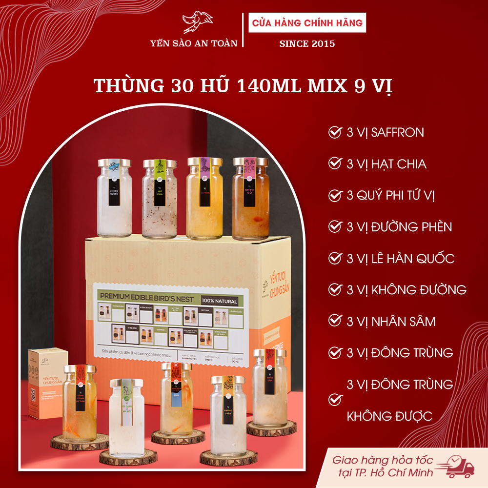 2026 - Thùng 30 lọ yến 140ml Đủ Vị Đong Đầy, Mix 9 vị Đường Phèn + Không Đường + Đông Trùng Không Đường+ Chia + Tứ Vị + Saffron + Nhân Sâm + Lê Hàn Quốc + Đông Trùng