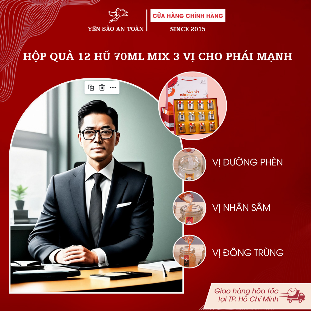 2026 - Hộp quà 12 lọ yến 70ml dành cho Phái Mạnh, mix 3 vị cao cấp Đường Phèn + Nhân Sâm + Đông Trùng Hạ Thảo