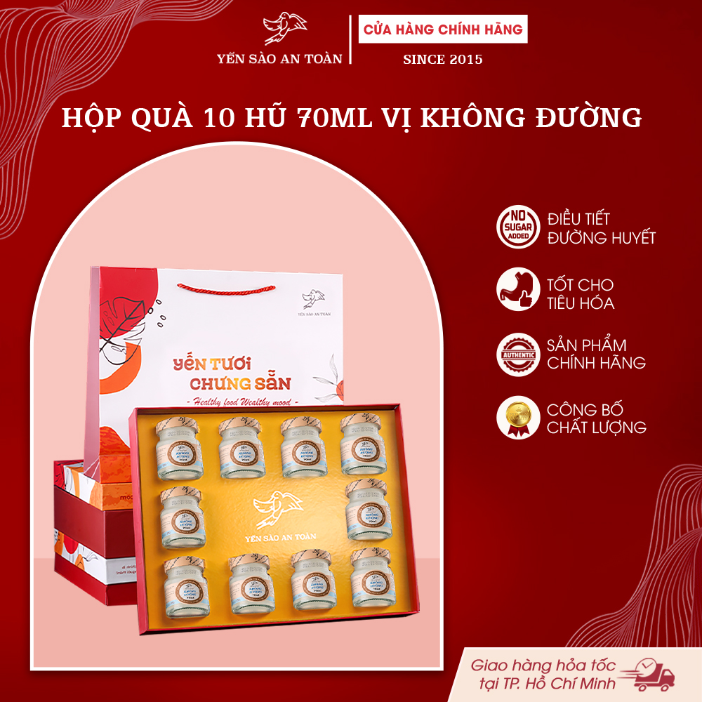 2026 - Hộp quà 10 lọ yến 70ml vị TRUYỀN THỐNG KHÔNG ĐƯỜNG
