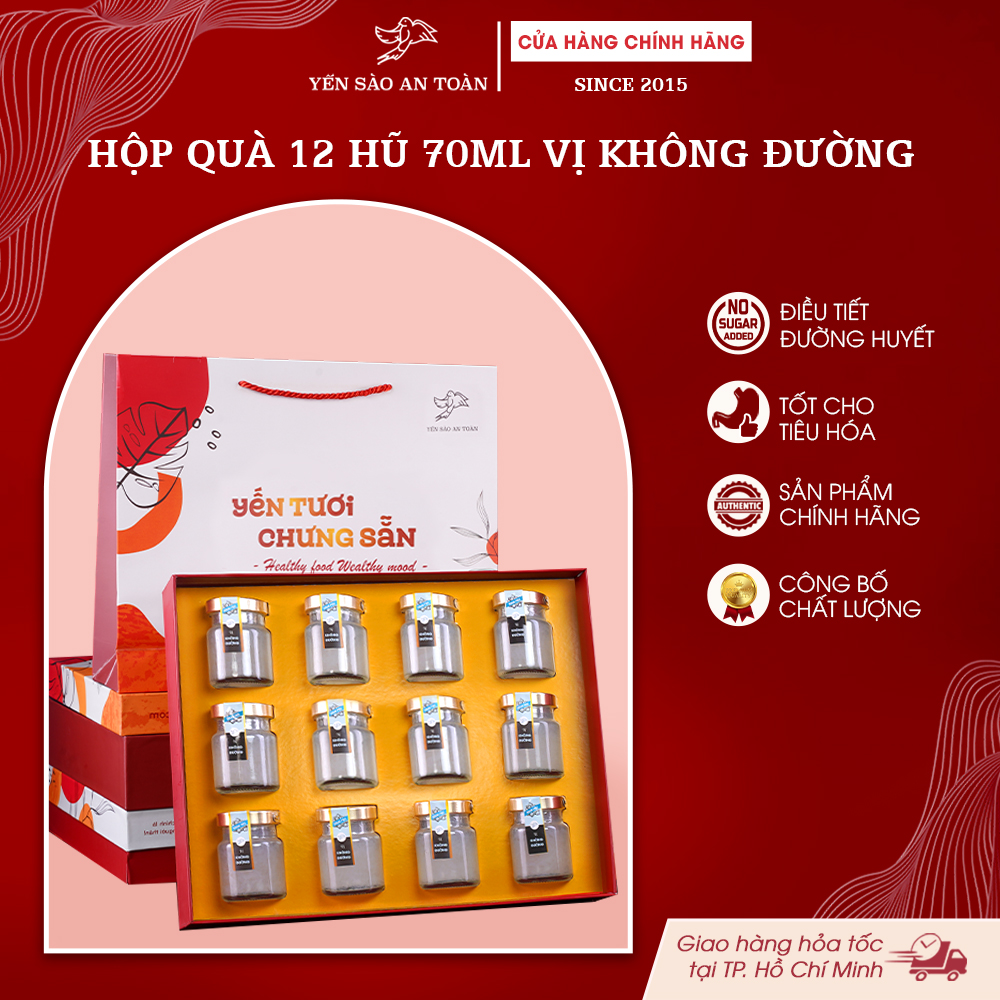 2026 - Hộp quà 12 lọ yến 70ml Truyền Thống, vị Không Đường