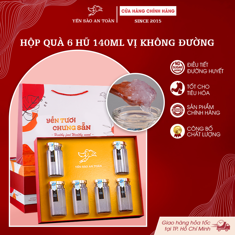 2026 - Hộp quà 6 lọ Yến 140ml vị truyền thống, Yến chưng không đường