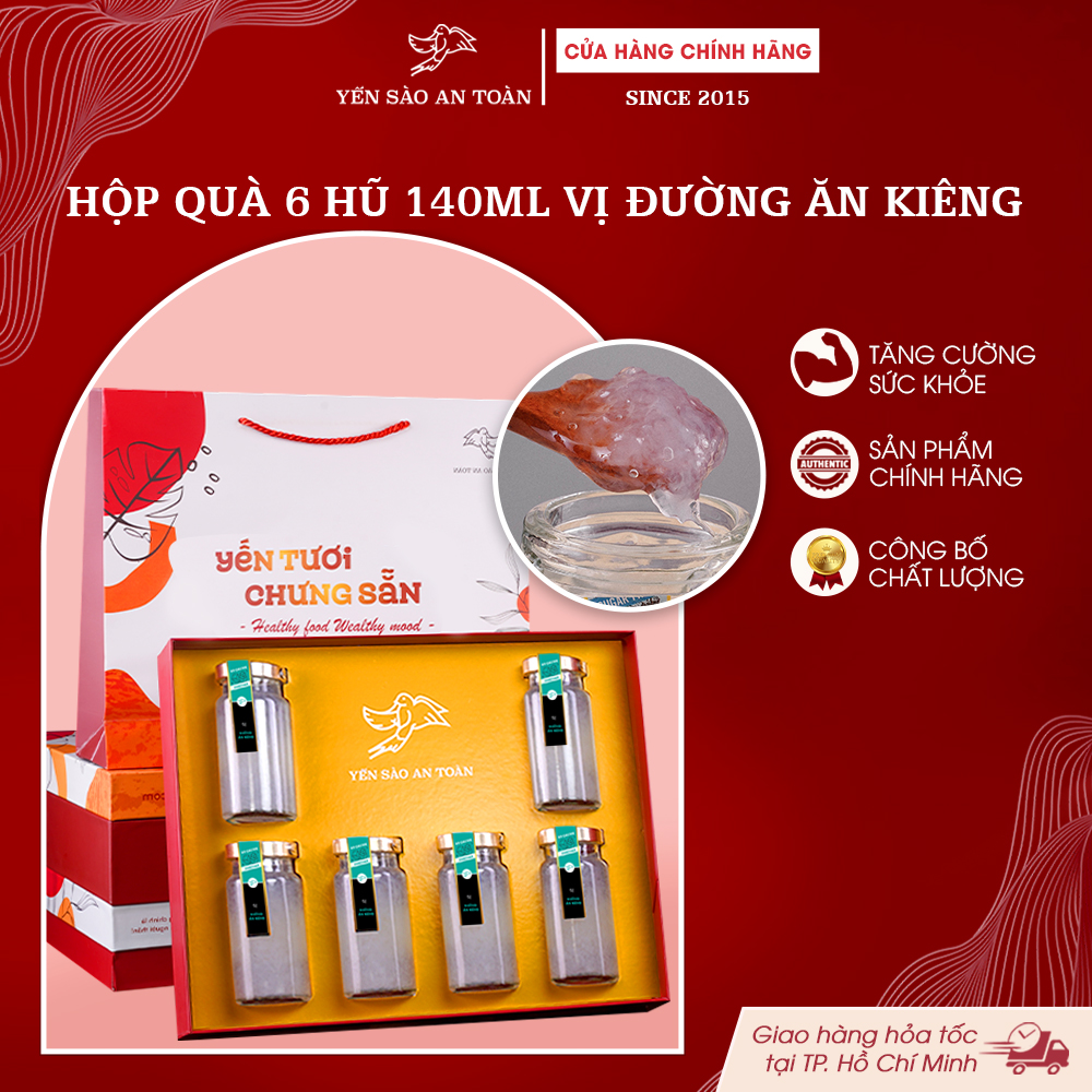 2026 - Hộp quà 6 lọ Yến 140ml vị truyền thống, Yến chưng đường ăn kiêng