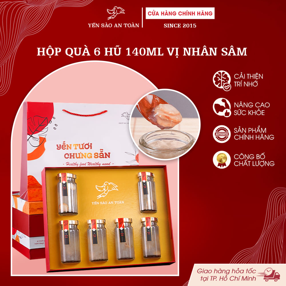 2026 - Hộp quà 6 lọ Yến 140ml Yến chưng vị Nhân Sâm