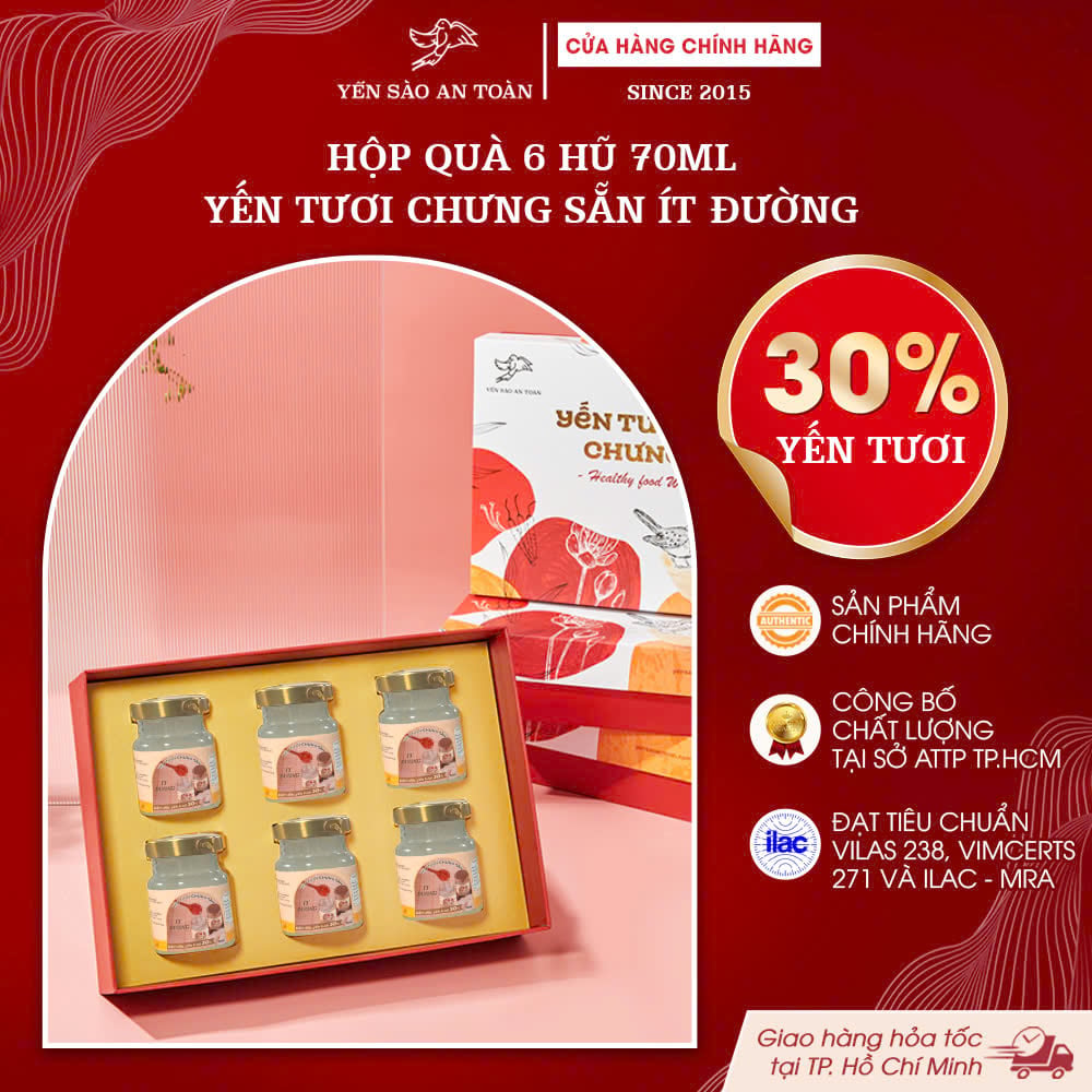 2026 - Hộp quà 6 lọ yến 70ml vị đường phèn, dòng ít đường