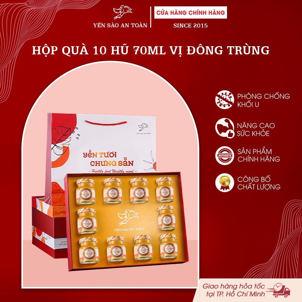 2026 - Hộp quà 10 lọ yến 70ml vị ĐÔNG TRÙNG HẠ THẢO